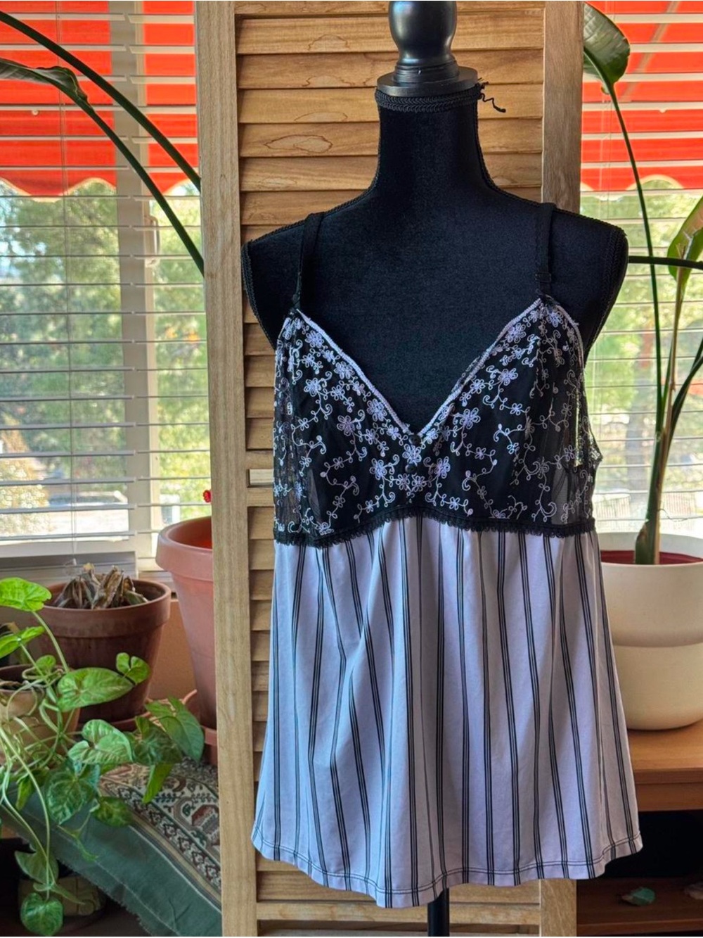 Cacique Black Lace & Light Gray Striped body, mesh floral
